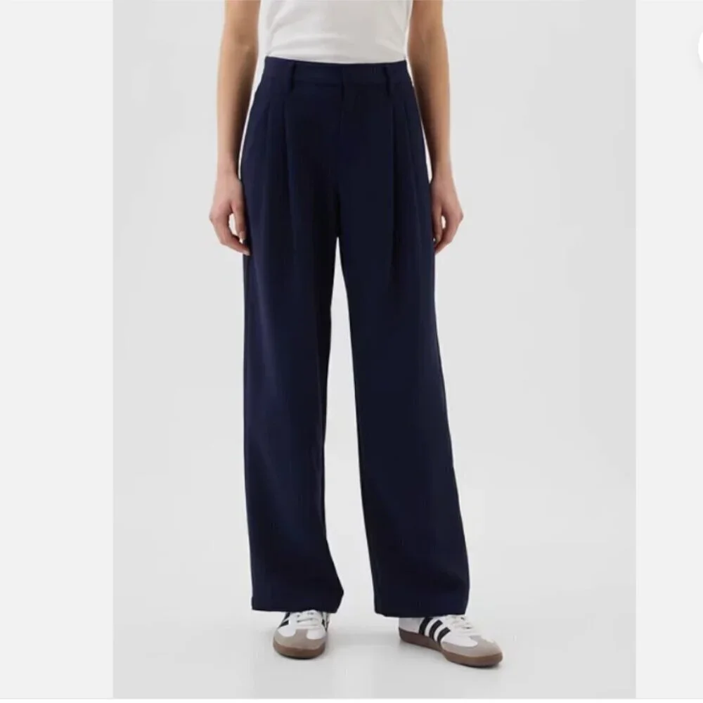 GAP Easy Crepe Drapey PLEATED Navy Blue Loose Straight Pants Size 12 TALL RT$80